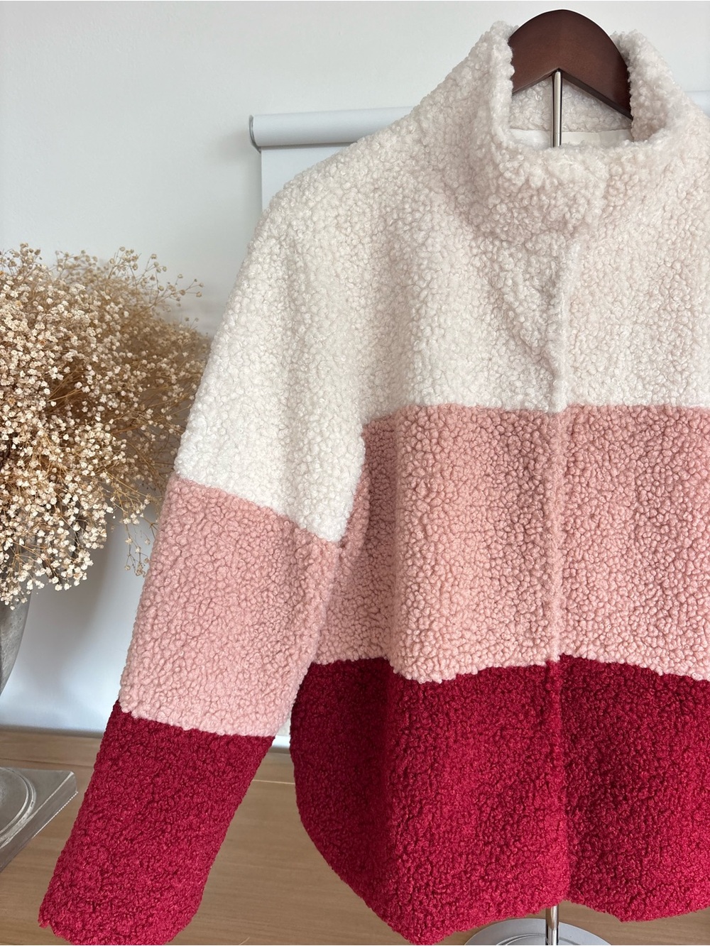 Lulus Colorblock Sherpa Jacket L Burgundy Blush Cream Cozy Teddy Coat Autumn Y2K